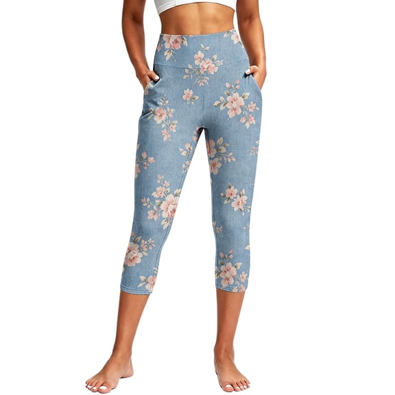 Yutgune Women's Plus Size Printed Capri Leggings Slim Fit Stretch Yoga Workout Cropped Tights Summer
