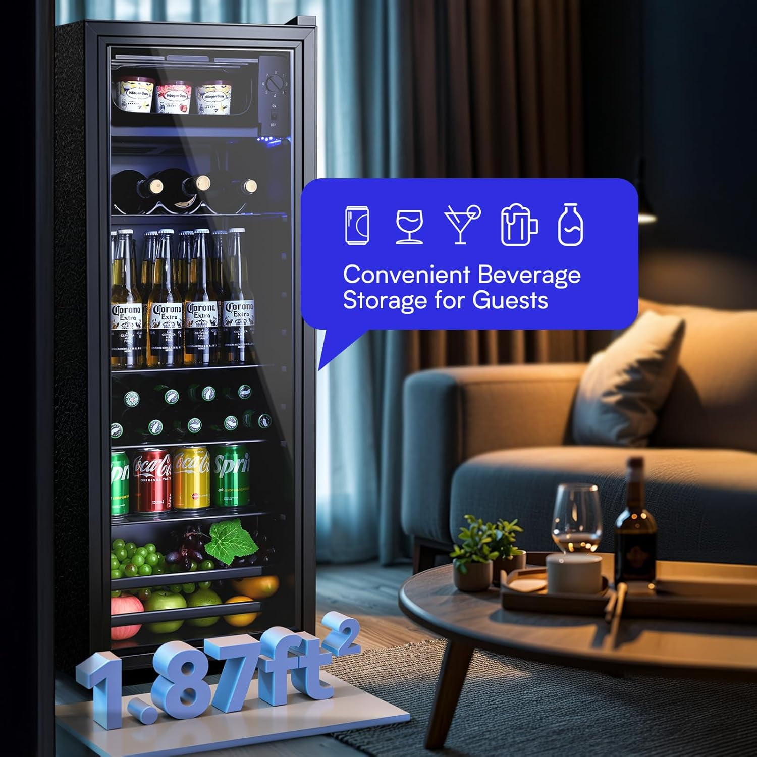 GGTB 4.5 Cu.ft Beverage Refrigerator with Glass Door, Mini Fridge with Freezer Compartment, 7 Temperature Settings, Adjustable Shelves for Soda Beer Wine, for Home Office Bar, Black