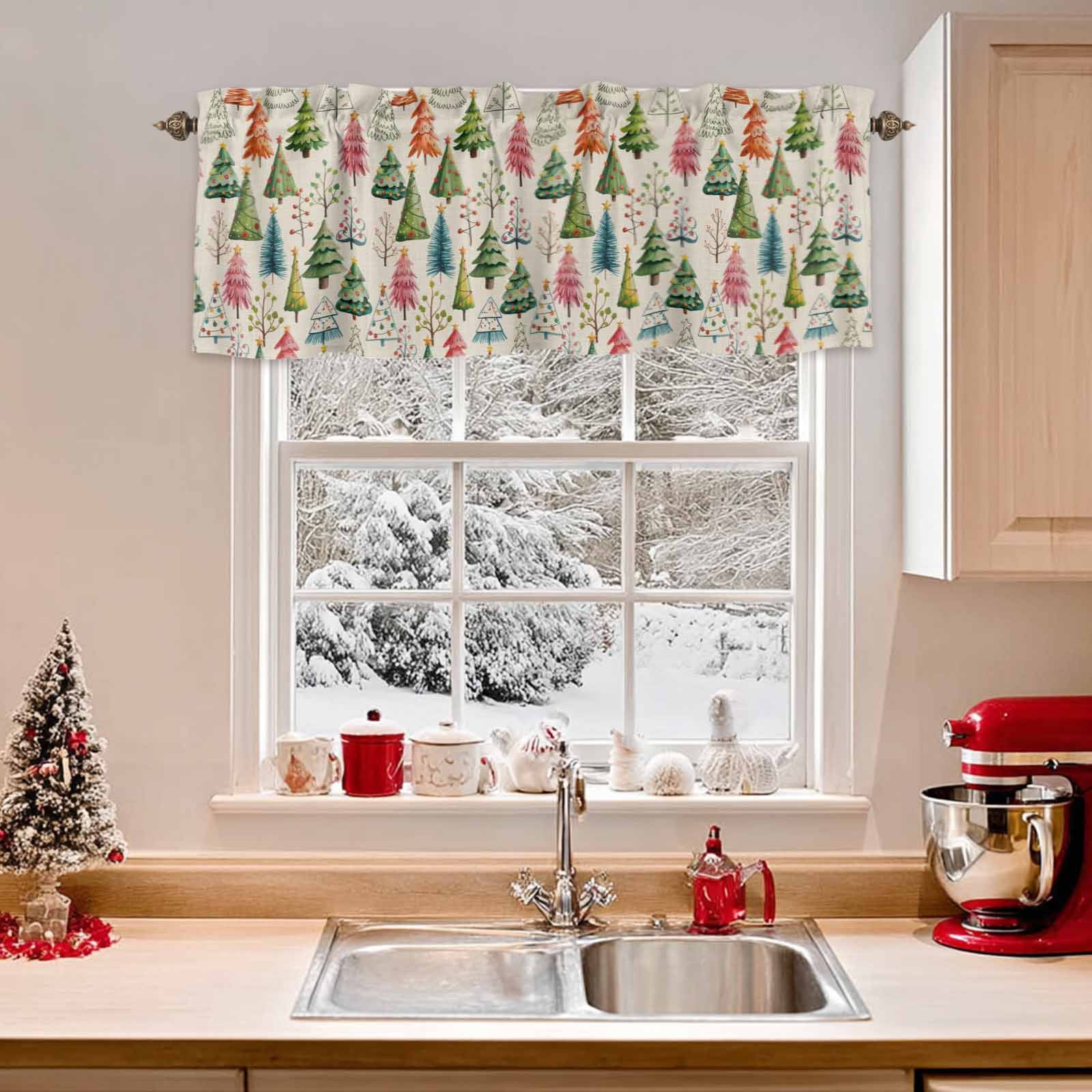 Vintage Christmas Tree Valances for Windows,Kitchen Valance Rod Pocket Short Curtain,Winter Plant on Linen Valance Curtain Window Valances for Bedroom 54x18in
