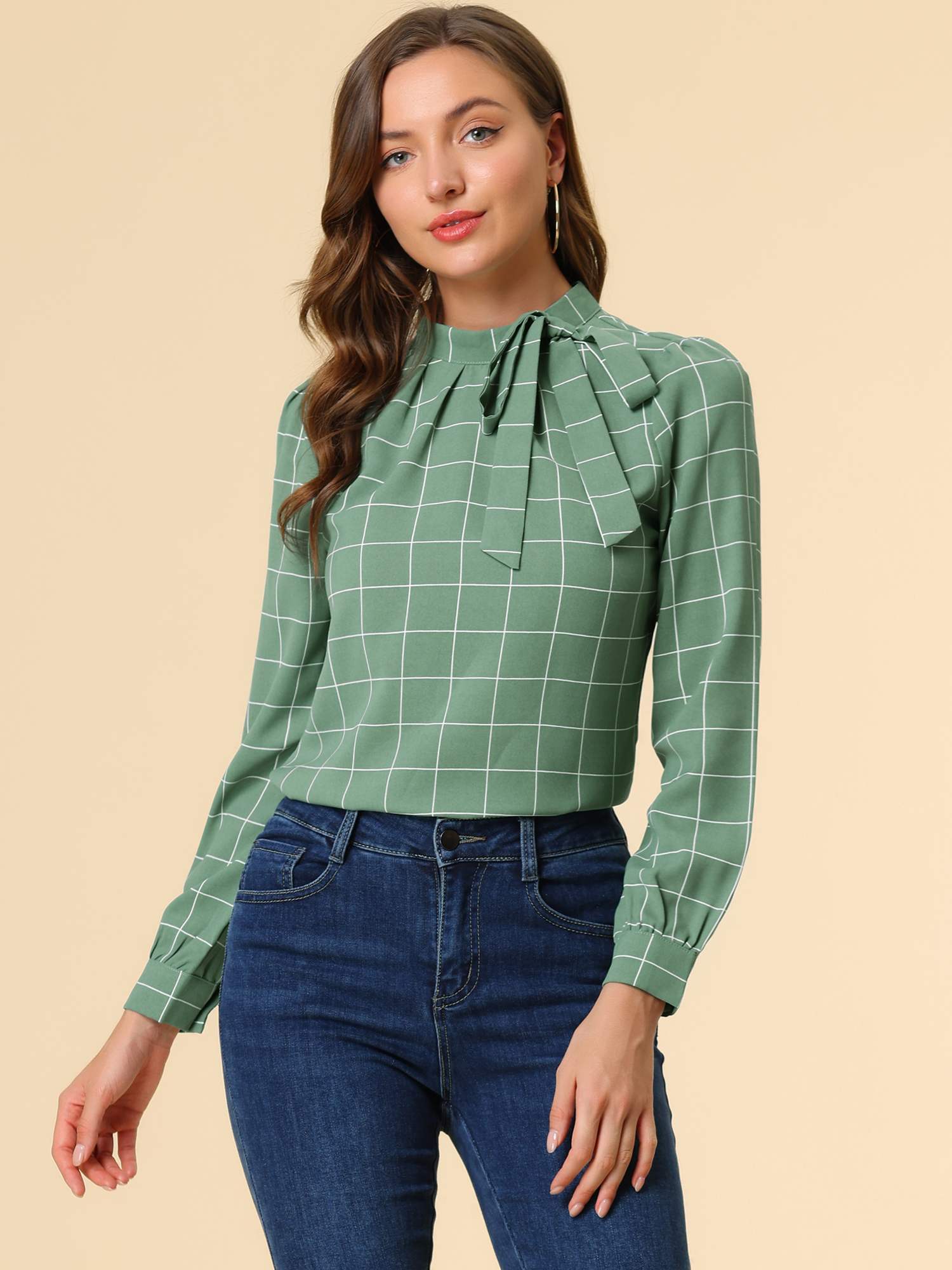 DARING DIVA Bow-Tie Neck Office Work Checks Shirt Top XL Green