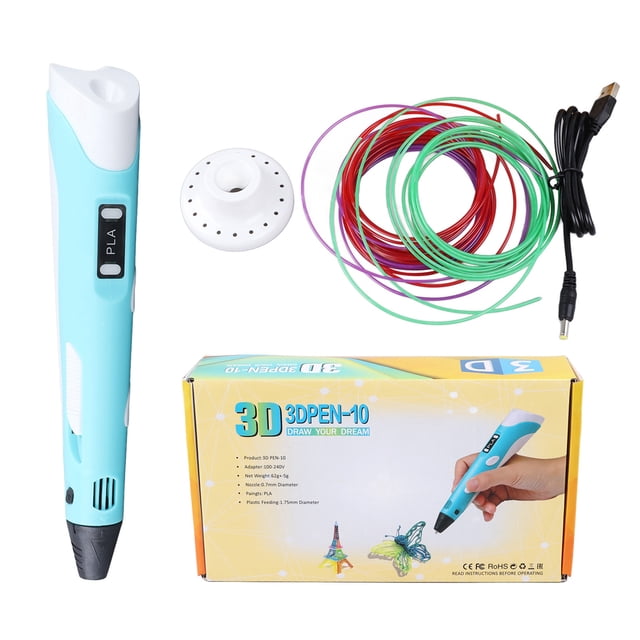 Kit de bolígrafo de impresión 3D con filamento PLA, cable de datos USB, base de juguete para artistas, inglés, azul