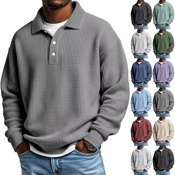 Polo Shirts for Men Long Sleeve Loose Fit Waffle Henley Shirts Collared Big and Tall Golf Shirt Pullover Knit Top Gray S