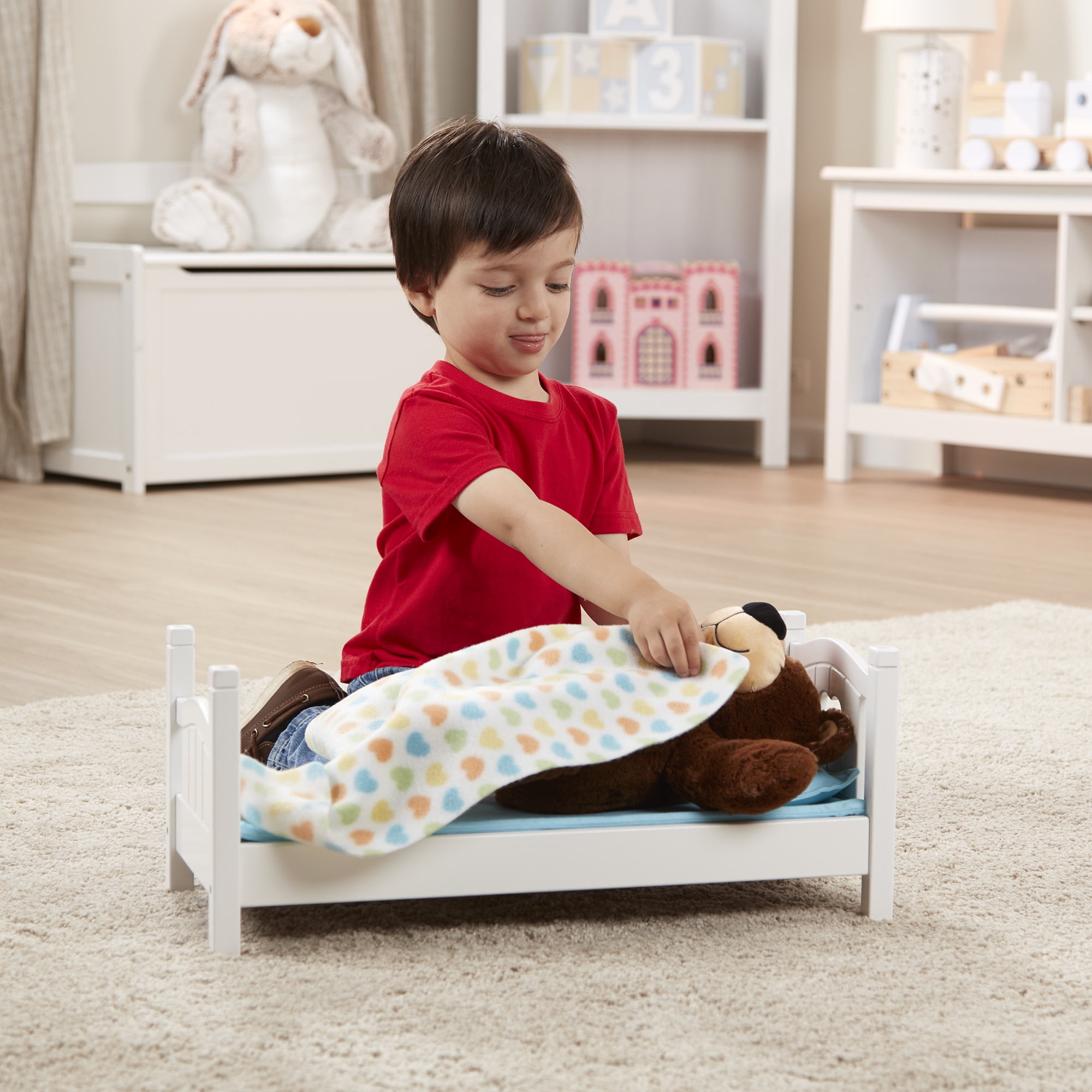Melissa & Doug Mine to Love Wooden Play Bed for Dolls, Stuffed Animals - White (8.7”H x 9.1”W x 20.7”L Assembled)