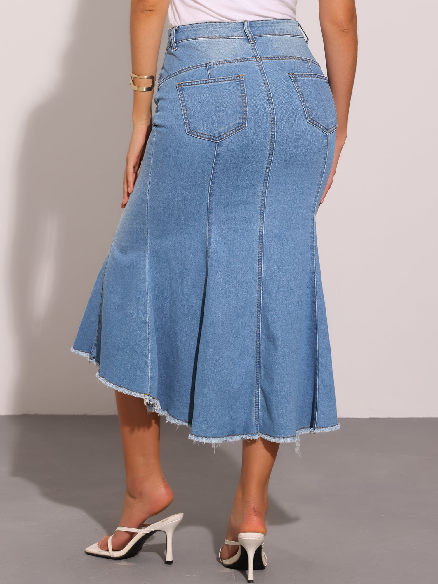 DARING DIVA Women's Raw Hem Fishtail Midi Skirt with Pockets XL Light Blue