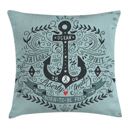 Naivy Decor Throw Pillow Cushion Cover, Vintage Label with Anchor Lettering Quotes and Floral like Sailor Design Art Print, Decorative Square Accent Pillow Case, 20 X 20 Inches, Blue, by Ambesonne