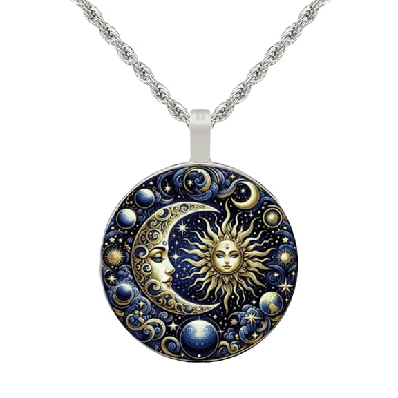 Intricate Highly Detailed Celestial Blue Sun Moon Printed Boho Pendant, Stainless Steel Rope Chain Necklace, 20 Inch, Unisex Gift for Him or Her