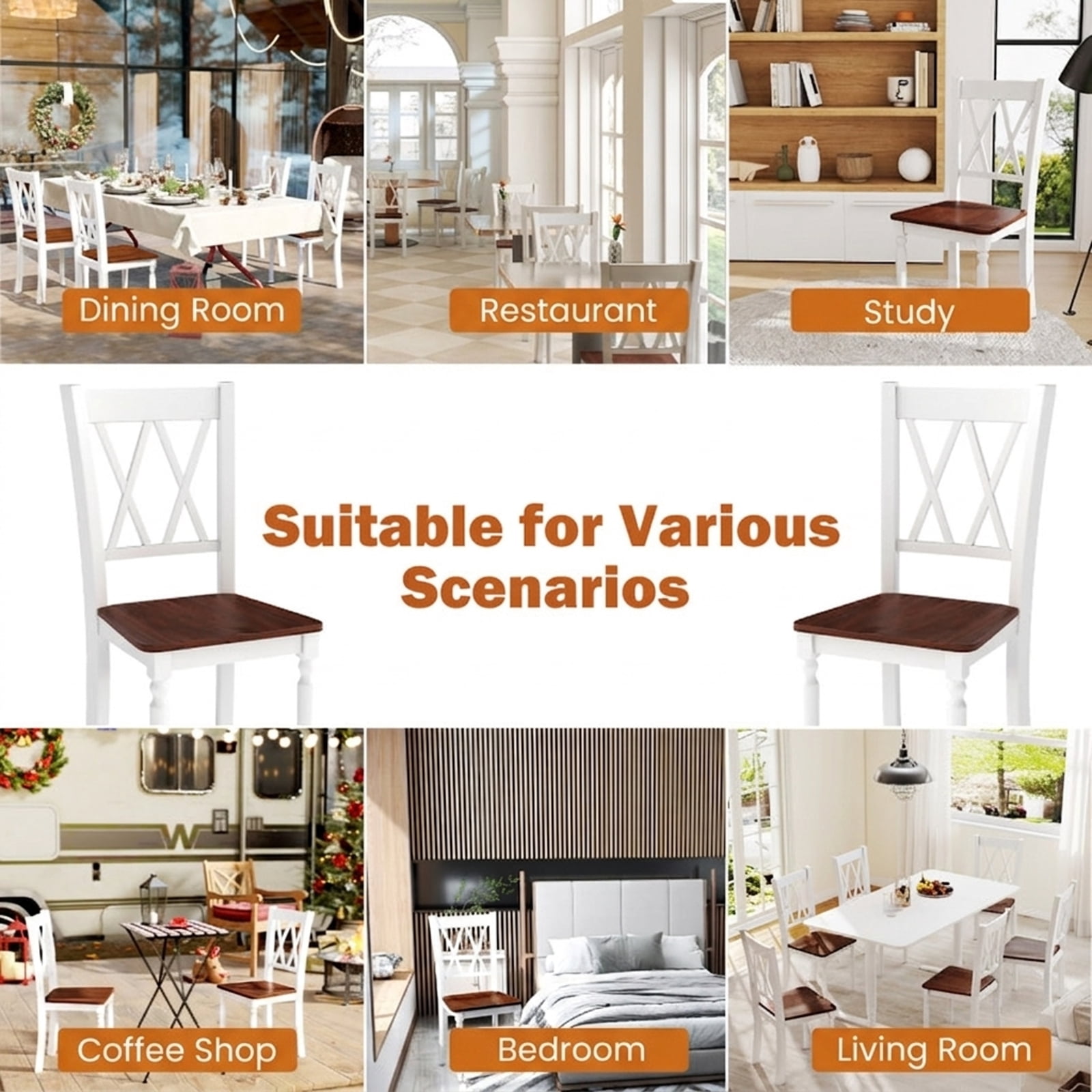 Furnibear Farmhouse Wood Dining Chairs Set of 2 with Contoured Rubber Wood Seat and Solid LVL Frame for Kitchen and Dining Room, Walnut