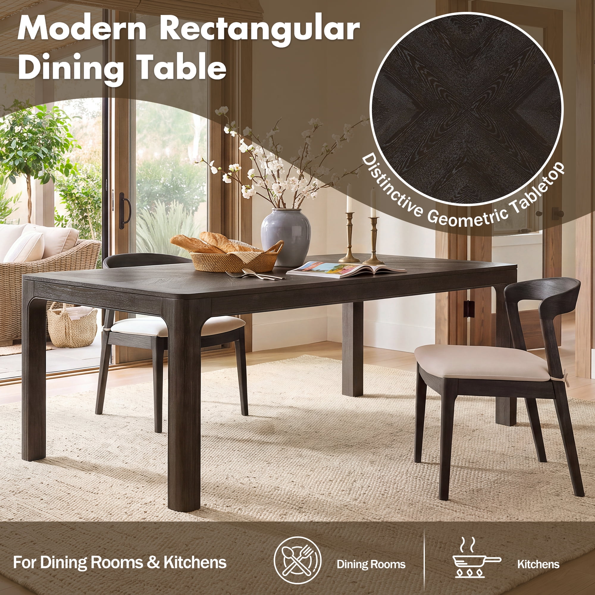 Euroco 60" Rectangular Dining Table for 4-6 Person,Farmhouse Wood Kitchen Table with Rounded Corners and Curved Leg for Kitchen Living Room,Espresso
