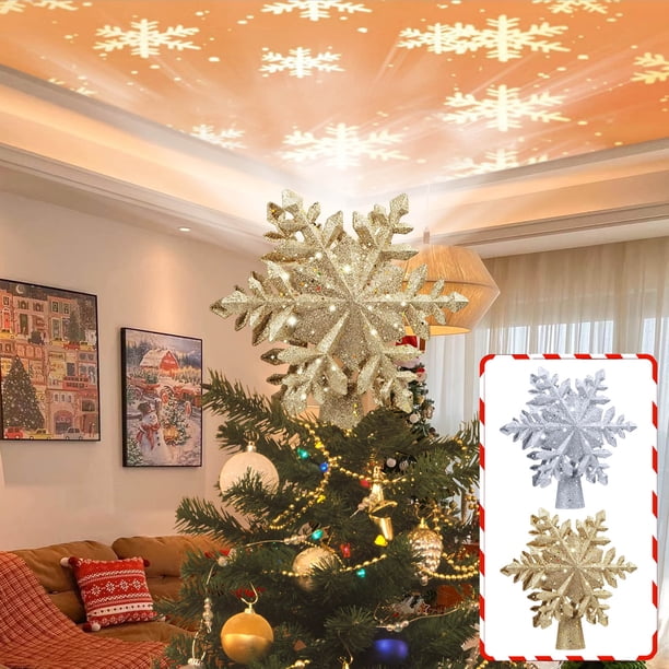 Xihbxyly Adorno para Árbol de Navidad con Forma de Copo de Nieve Dorado Brillante, Proyector de Luz Led, Decoración para Árbol de Navidad, Decoración Navideña para Interiores, Tamaño 25 X 24 X 4,6 Cm