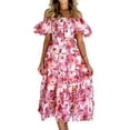 thumbnail image 2 of Women'S Summer Casual Midi Dress Puffy Short Sleeve Square Neck Smocked Tiered Ruffle Dresses Light Red Flowers M, 2 of 7