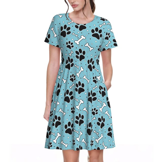 Easygdp Cute Dog Footprints para Vestido Transpirable de Mujer, Vestido Suelto de Manga Corta con Pliegues y Bolsillos para el Verano