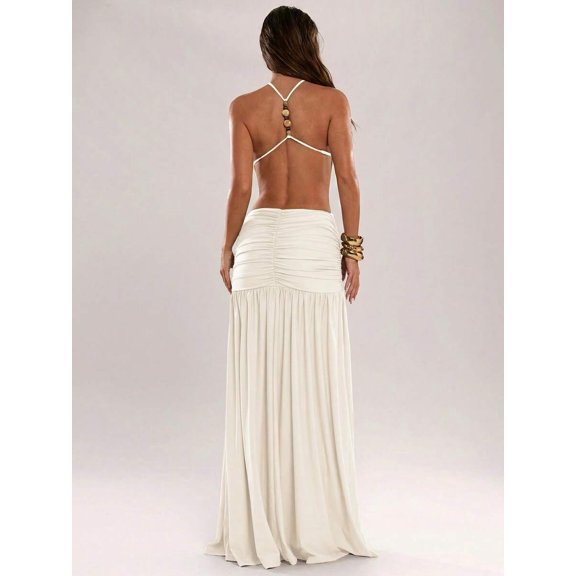 Apricot Backless Halter Maxi Dress With Ruched Waist And Beaded Detail