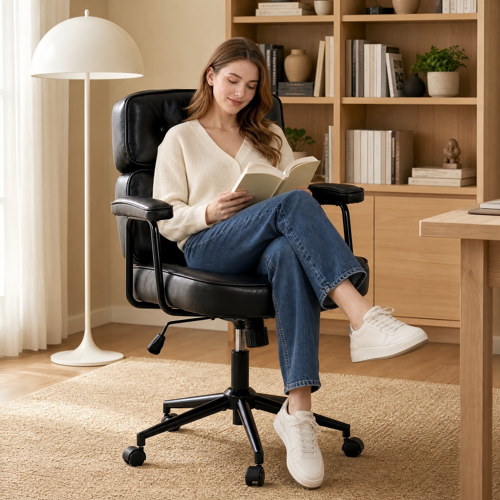 Kelno Ergonomic PU Leather Office Chair 350lbs Capacity High Back Computer Chair with Lumbar Support Adjustable Rolling Swivel Task Chair, Black