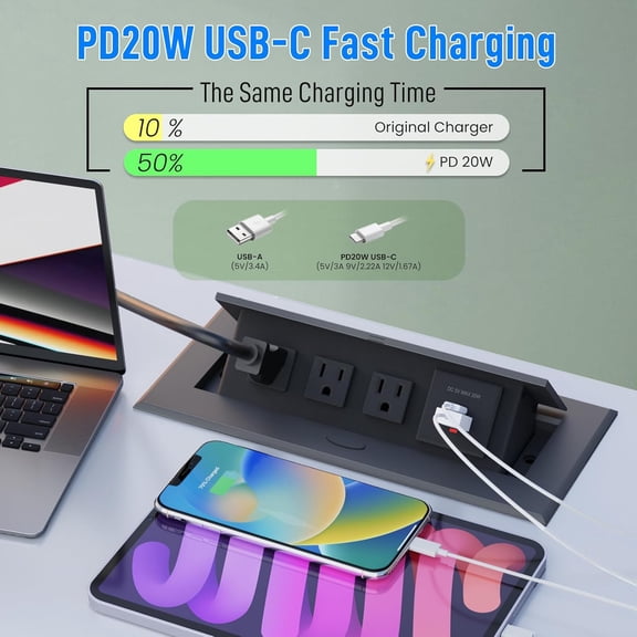 Conference Table Power Outlet PD20W Type-C Fast Charging Pop Up Table Hub Connection Box with 3AC Outlets and USB Port for Conference Room Kitchen Countertop