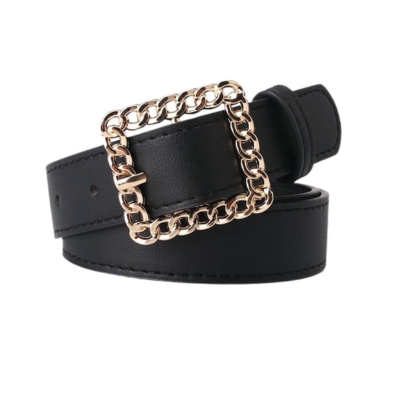 Jdlsppl Women's Faux Leather Belt Gold Tone Casual Fashion Cutout Square Metal Bucklet Chunky Belts For Dress Black One Size