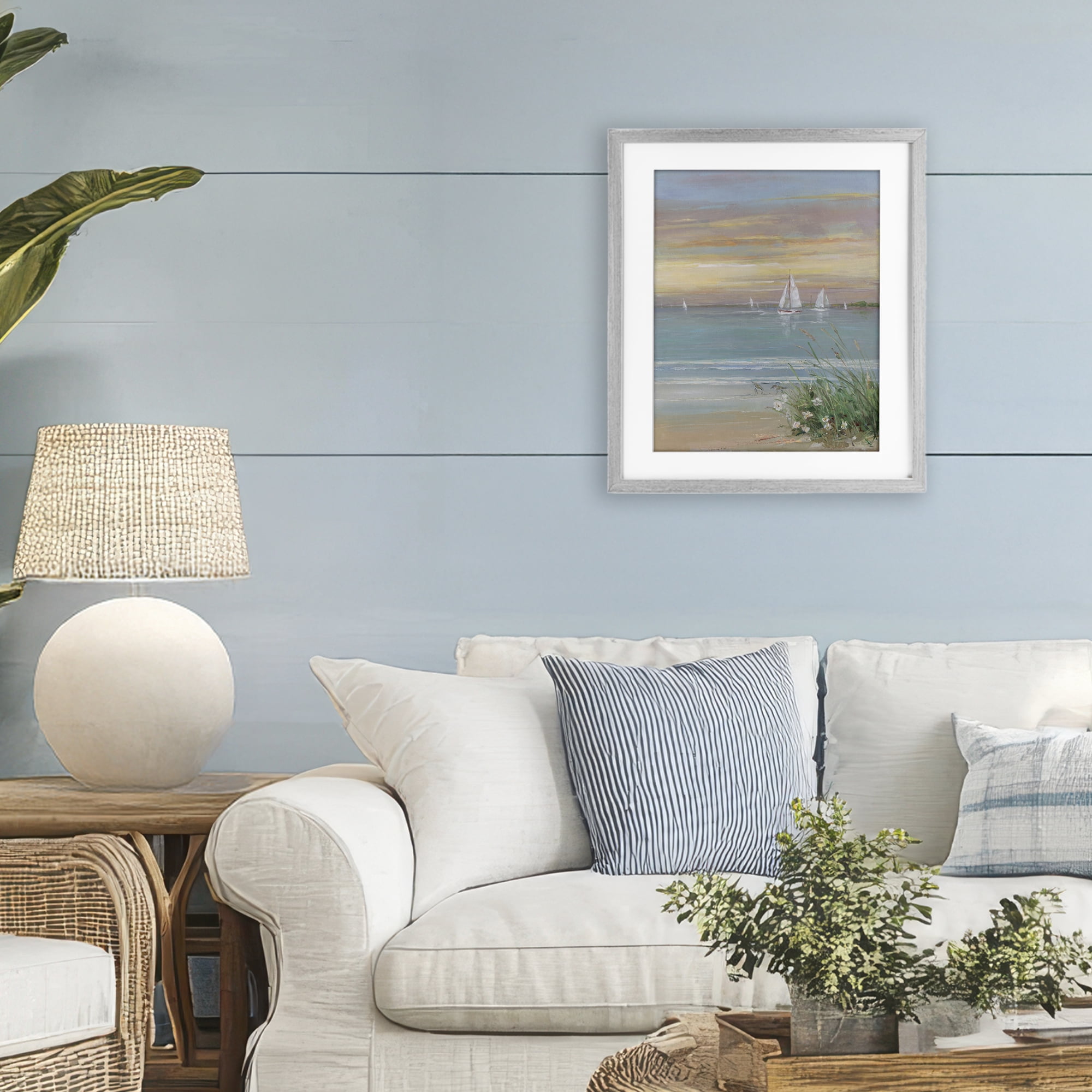 Stupell Industries Sailboats Beyond Sandy Shore Gray Framed Print Under Glass, design by Sally Swatland