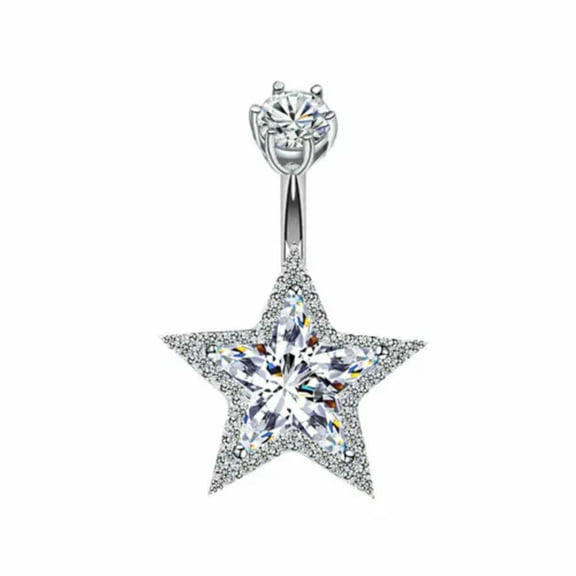 QQTDFG Sterling Silver Star CZ Crystal Belly Bar Button Navel Ring Piercing A1544-8mm