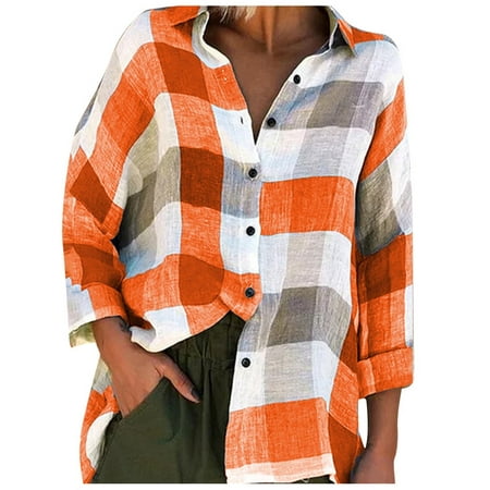 Scyoekwg Clearance Fall Shirts for Women 2022 Women Fashion Long Sleeves Tops Loose Check Print Blouse With Shirts Orange XXXL