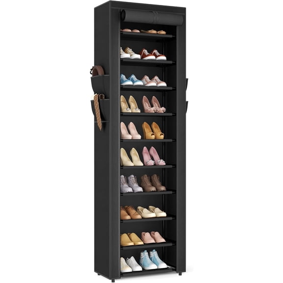 Vertical Narrow Shoe Rack Organizer 10 Tier Tall Shoe Shelf Holds 20-22 Pairs with Non-Woven Dustproof Cover for Closet, Entryway Black