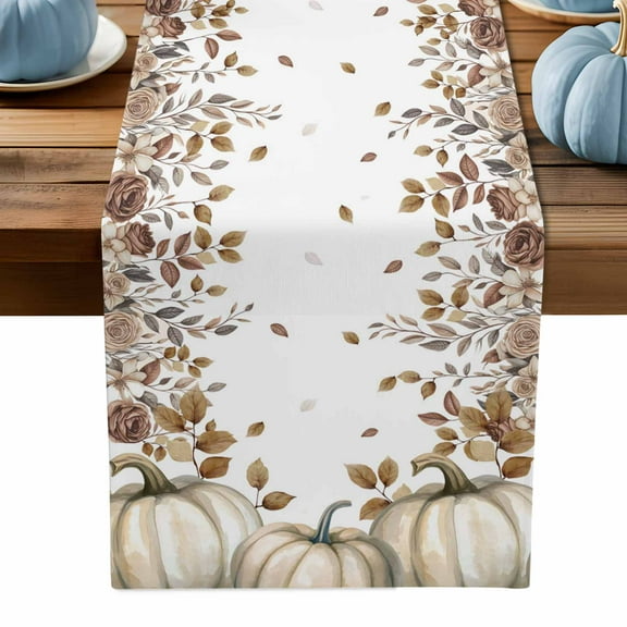 ERUNPONLY Beige Pumpkin Fall Table Runner - 108 Inch Long Thanksgiving Roses Eucalyptus Leaves Cotton Linen Blended Dress Scarves Farmhouse Table Runner for Kitchen Dining, Coffee Table, 13" x 108"