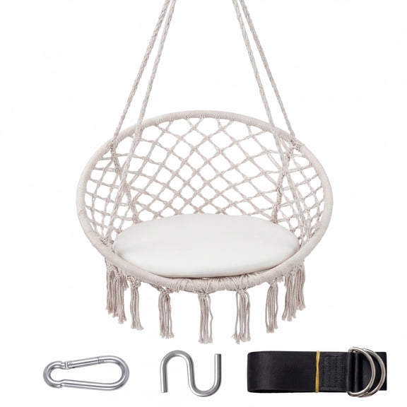 Patiojoy Boho Hammock Chair Macrame Hanging Chair with Round Seat Cushion Strong Polyester Cotton Ropes and Metal Rings Beige