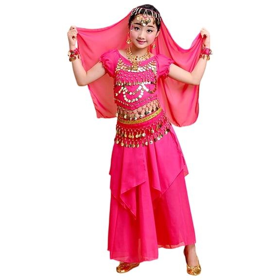 HAYIMI Child Kids Girls Sequin Round Glitter Belly Dance Clothing Set Short Sleeve Tops Skirts Performance Party Outfit Clothes Sets , Hot Pink