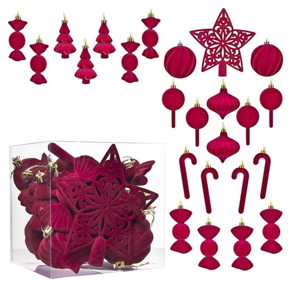 Bwiyojiz Christmas Decorations Home Decor Count 24pcs Decoration Supplies Irregular Shaped Flocked Balls with Star Tree Topper Set, Gifts for Family, Red