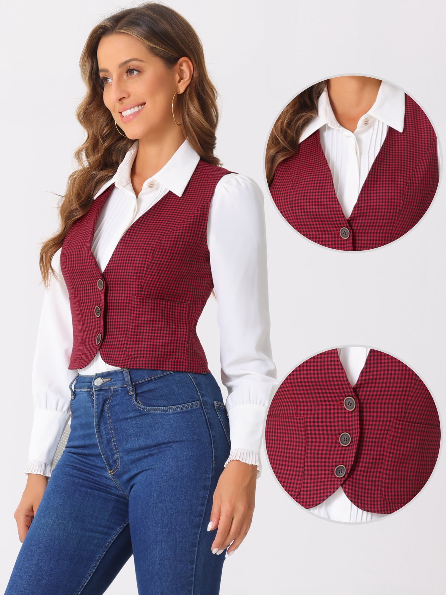 DARING DIVA Women's Plaid Single Breasted Sleeveless Racerback Waistcoat XS Red Black