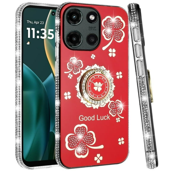 For Moto G Stylus 5G 2026/2025 Splendid Glitter with Diamonds All Around Edges Ring Stand Case Cover - Red