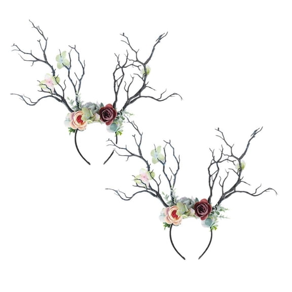2Pcs Gothic Deer Antler Flower Crown Headband,Branch Horn Hair Band With Floral Twigs, Halloween Christmas Cosplay Forest Goddess Headdress For Party & Photo Props,Halloween Decorations