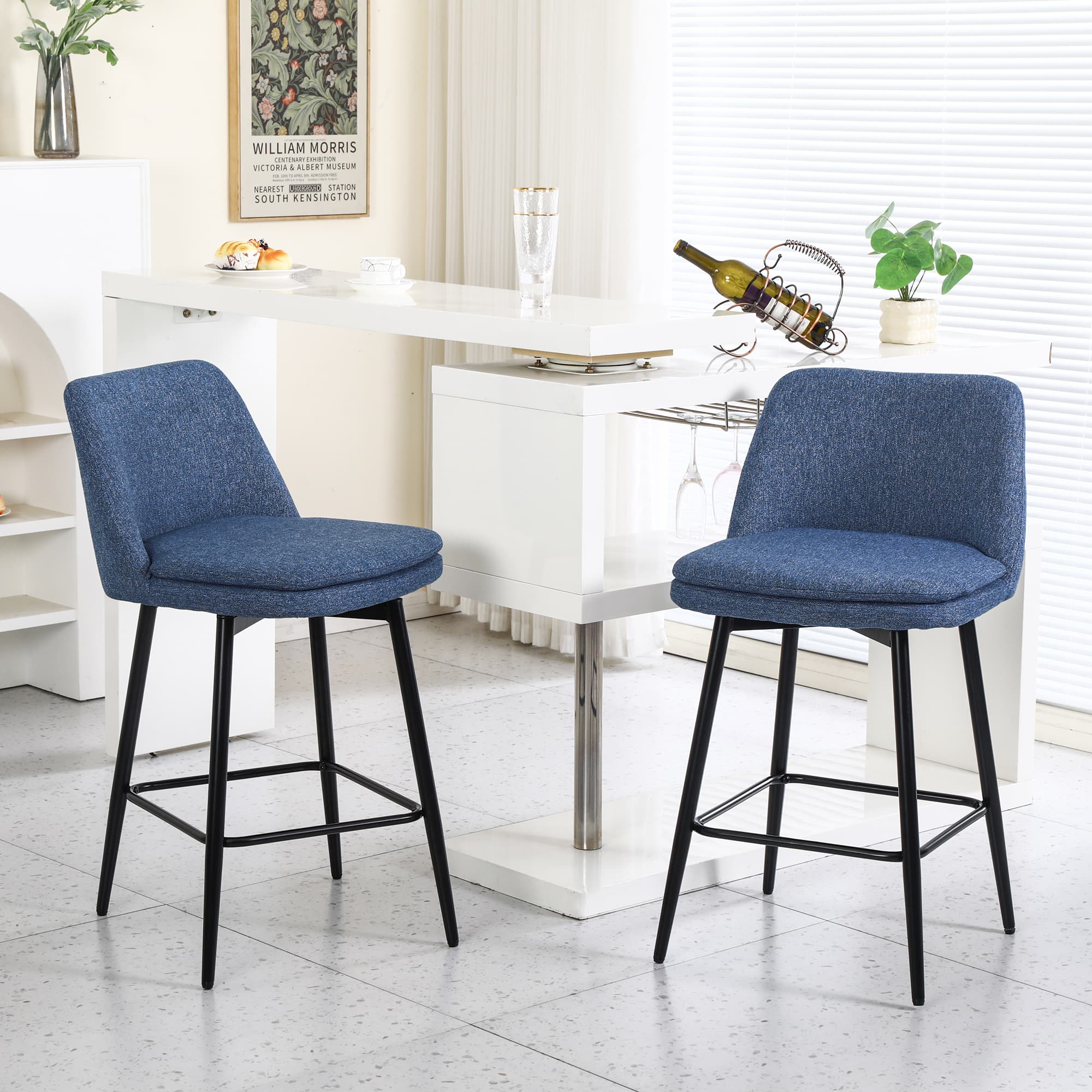 MAYEERTY Counter Height Swivel Bar Stools Set of 2 360° Swivel Upholstered 25.6 Seat Height Linen Cloth Blue Linen Kitchen Island Pub