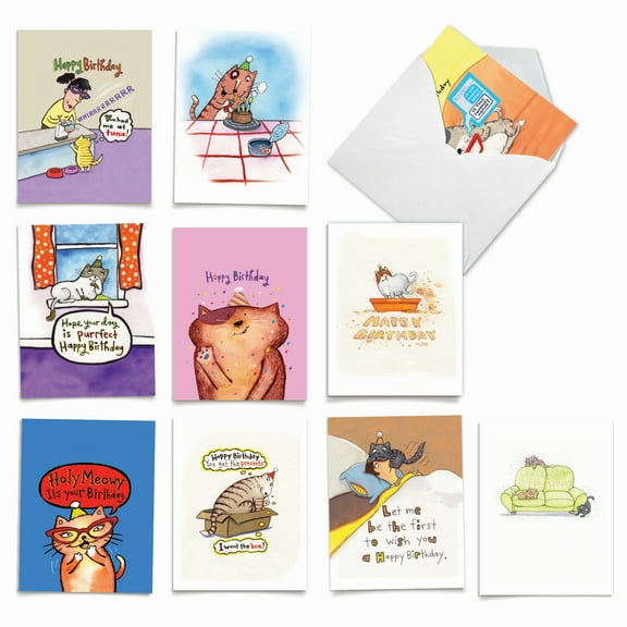 10 Happy Birthday Note Cards Assorted (4 x 5.12 Inch) - KITTY