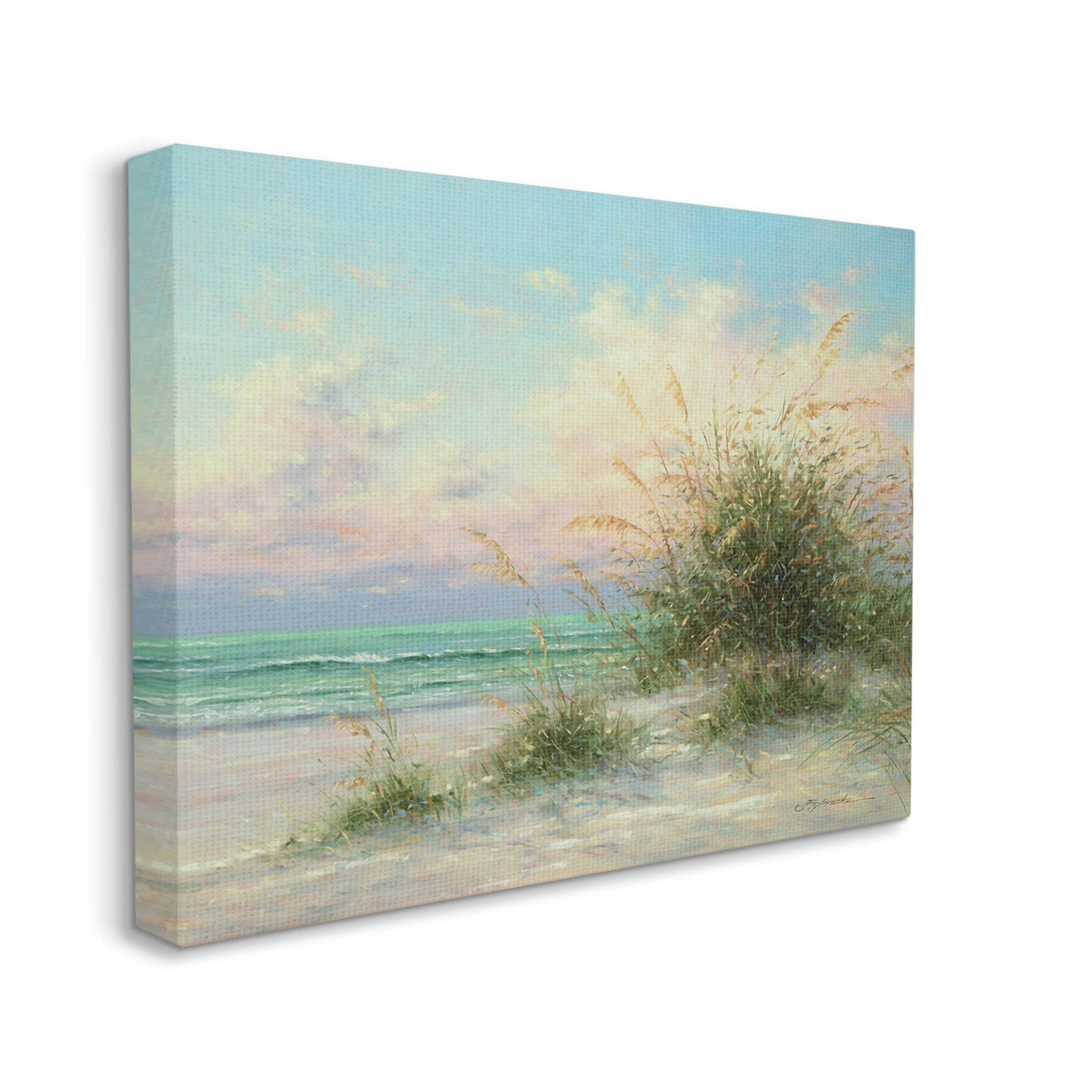 Summer Beach Grass Sea Waves Coastal Painting Gallery Wrapped Canvas Print Wall Art