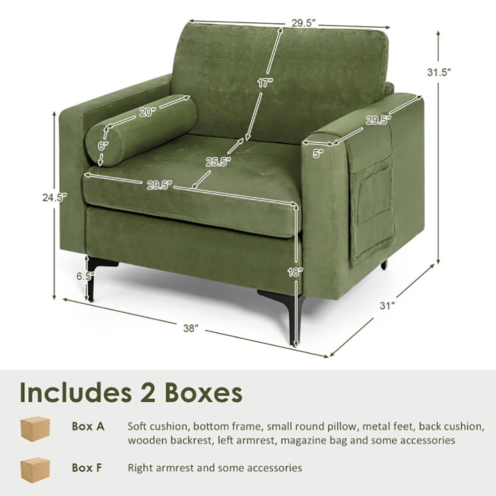 Finihen Upholstered Accent Chair, Modern Accent Chair with Bolster and Side Storage Pocket, for Living Room, Bedroom, Army Green