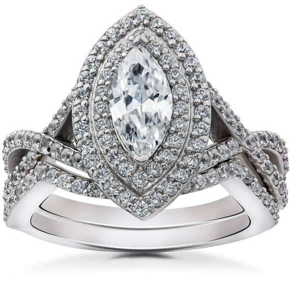 2 3/8 ct Marquise Diamond Engagement Double Halo Ring Set 14k White Gold