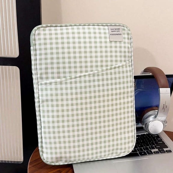 Green Gingham Pattern Laptop Sleeve With Front Pocket For 13-15 Inch