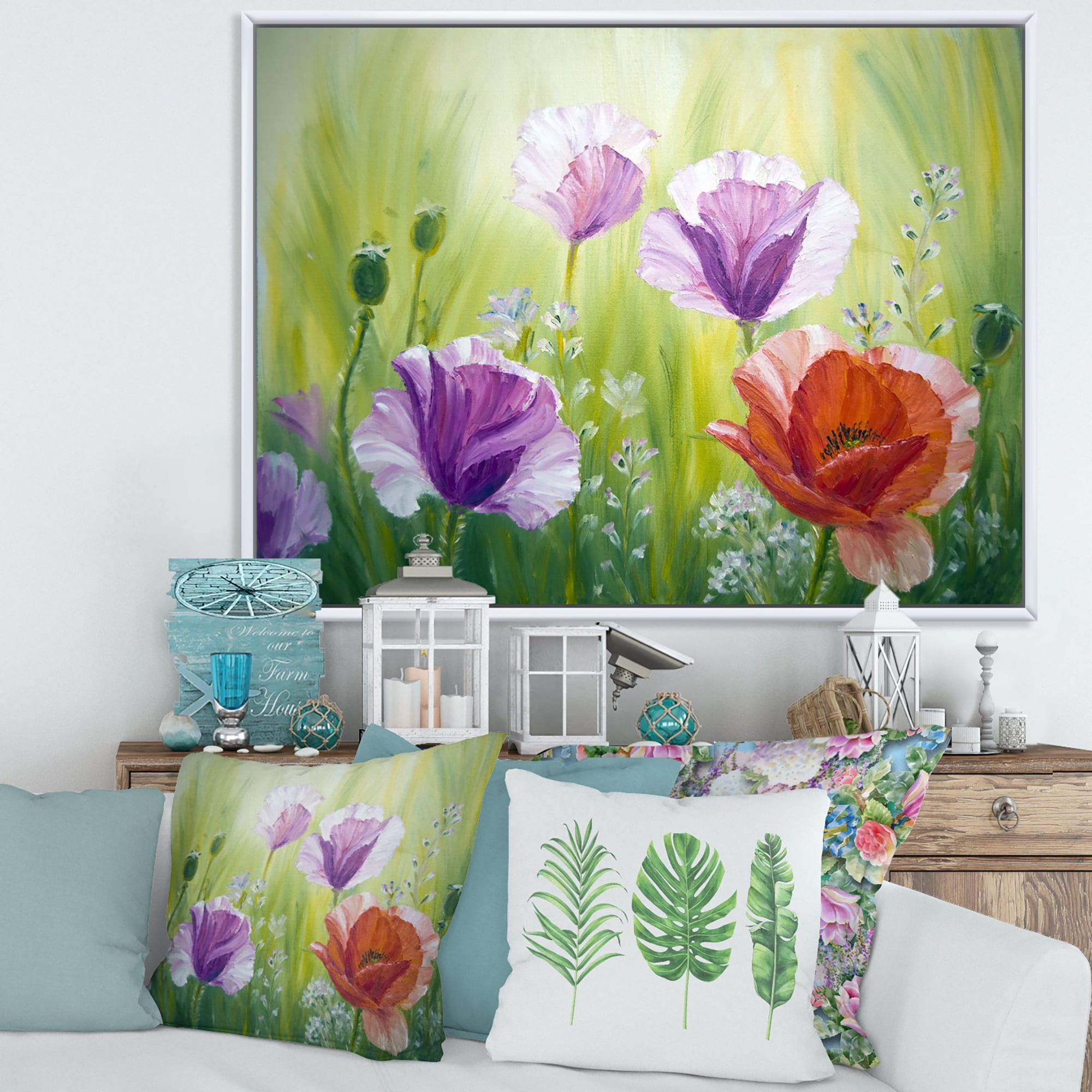 Designart 'Blossoming Red and Purple Poppies In The Morning II' Traditional Framed Canvas Wall Art Print