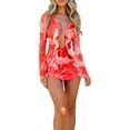thumbnail image 3 of Coduop Women Sheer Mesh Long Sleeve Mini Dress V Neck Ruffle Trim Tie Front Floral Short Dresses, 3 of 8