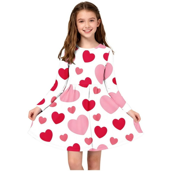 BRGZLK Girls Valentines Dress Heart Printed Long Sleeve Round Neck Dress Girl Ballet Skirt Cute Sundress Kids Outfits Pink 9-10 Years