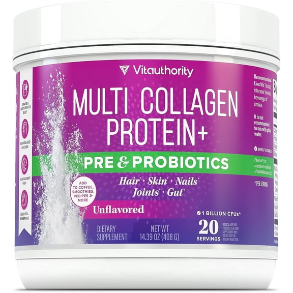 Multi Collagen Protein Powder with Probiotics & Prebiotics – 20 g Collagen Peptides, Hyaluronic Acid & Vitamin C | Supports Skin & Digestive Health | Unflavored | 20 Servings