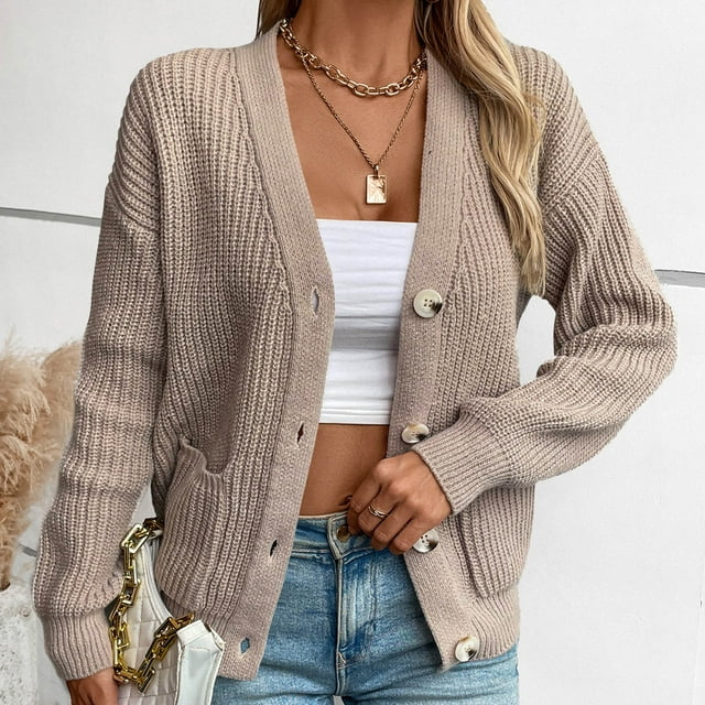 YUTK Veste en Jean pour Femmes, Chandail Décontracté à Col Rond à Manches Longues pour Femmes, Tricoté à Rayures, Blouse Ample, Hauts (Kaki, M)