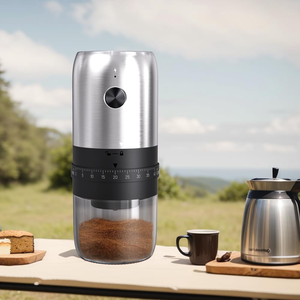 Portable Electric Coffee Grinder,Mini Coffee Bean Grinder,1800mAh Rechargeable Coffee Bean Grinder,Adjustable Coarseness,25g Capacity,Ceramic Cone for Travel,Camping,Office,etc(Stainless Steel)