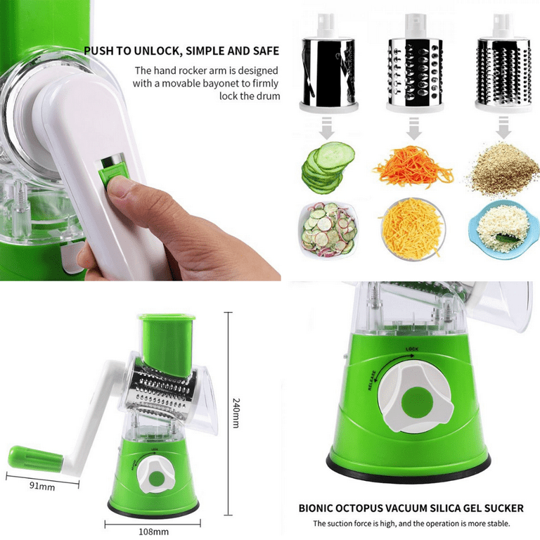 Rotary Cheese and Vegetable Grater Hand Crank Cheese Shredder Manual  Vegetable Slicer with Metal Handle (Green) KJ2207G 4.72x9.25(H)inch