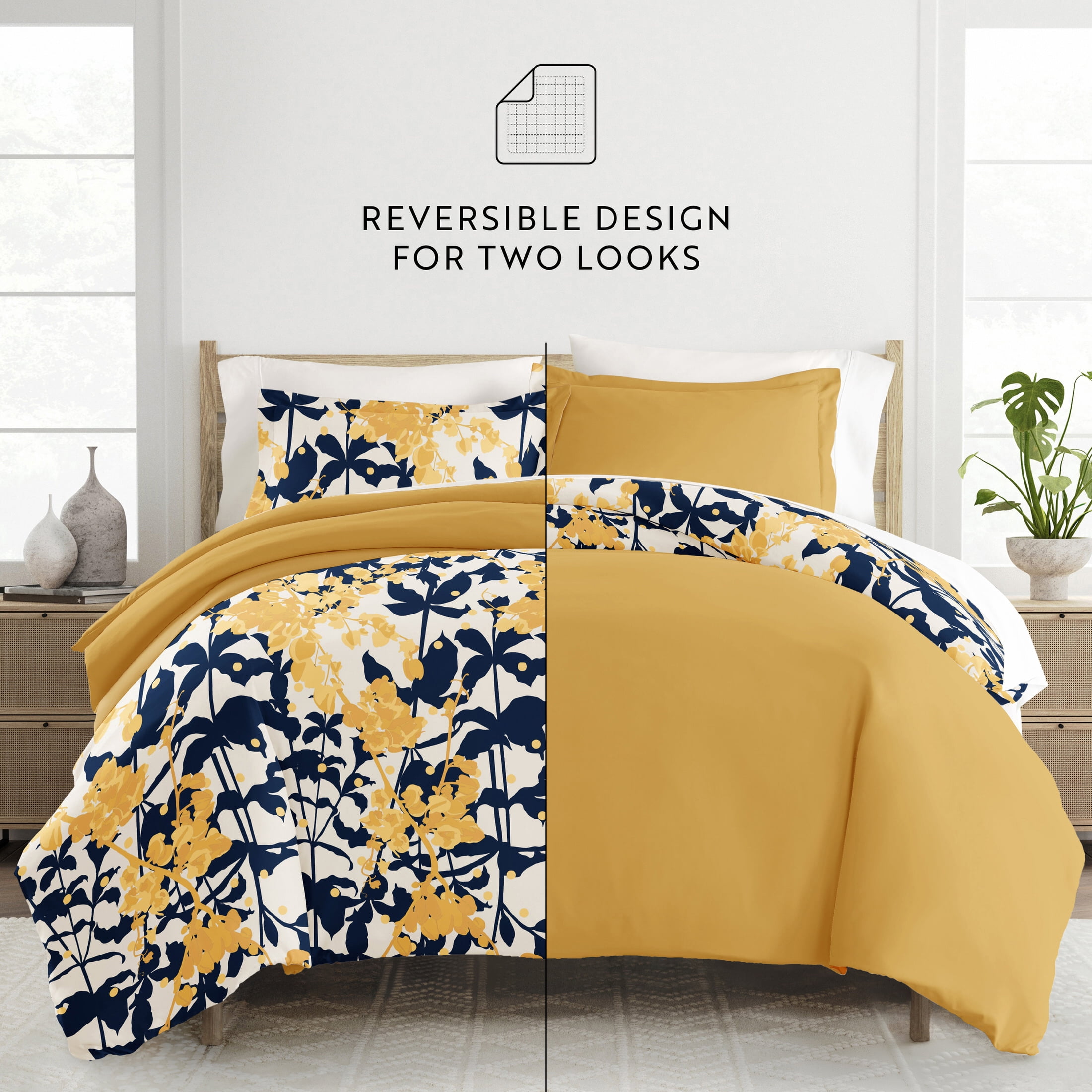 Noble Linens Yellow Boho Flower Reversible 2-Piece Duvet Cover Set, Twin/Twin XL