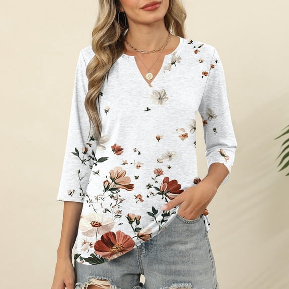 Jsaierl 3/4 Length Sleeve Tops for Women Summer V Neck Shirts Cute Graphic Petite Blouses Workout Cotton T-shirts Top S-2XL