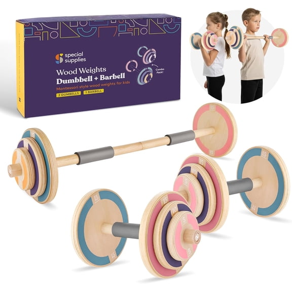 Special Supplies Kids Wooden Workout Weights, Great Exercise Equipment for Home or School (Barbell and Dumbbell)