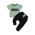 thumbnail image 1 of ZAXARRA Baby Boy 2Pcs Summer Clothes, Short Sleeve Letter Print T-Shirt + Knot Front Pants Set, 1 of 9