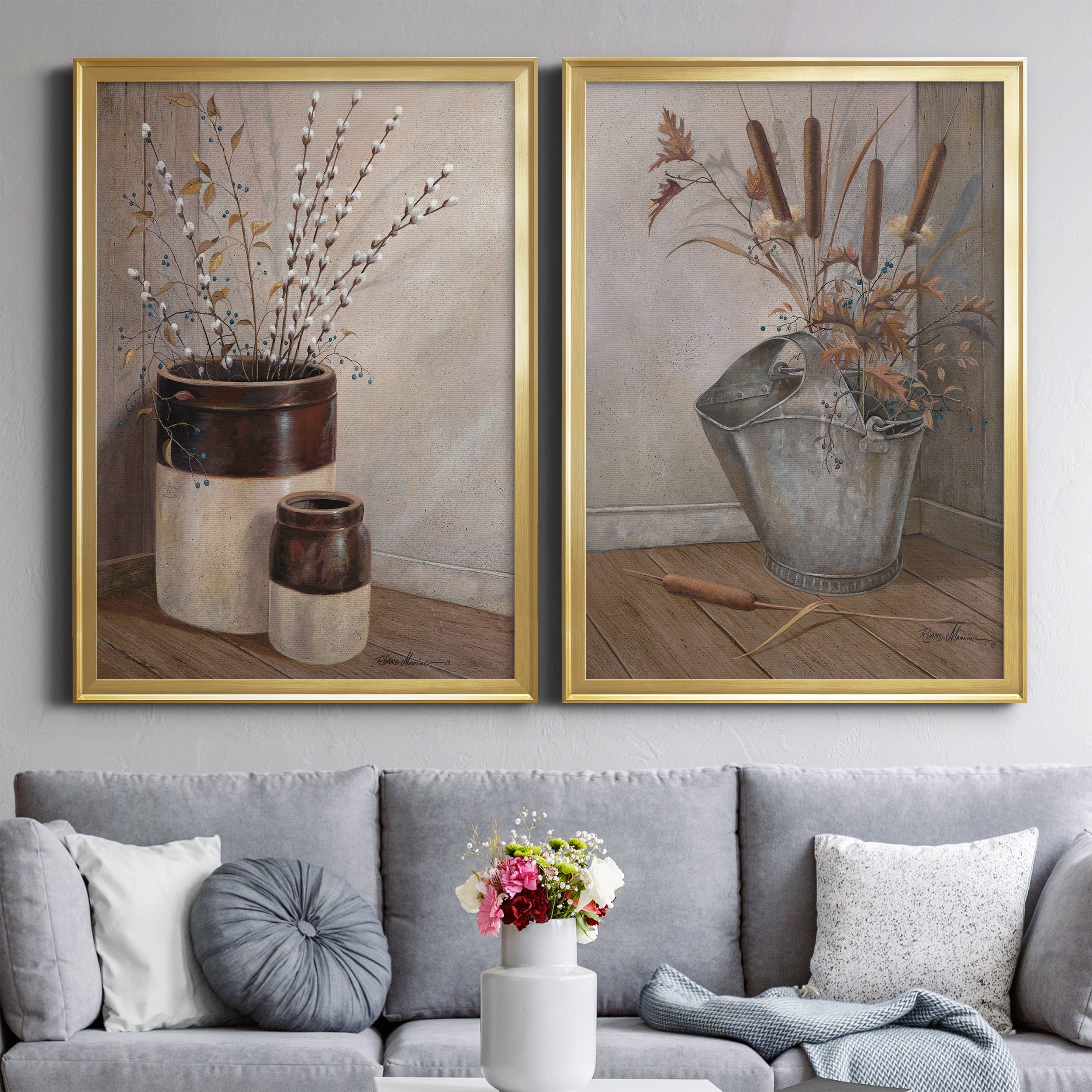 2 Piece Set Pussywillows & Spring Premium Framed Canvas - Ready to Hang - 26.5 x 36.5 Each - Gold Frame