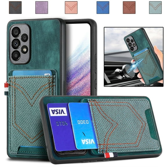 Nalacover Case for Samsung Galaxy A32 5G Back Card Slots Wallet Case, Vintage Denim Pattern PU Leather Magnet Car Mount Cover, Full Edge Protection Anti-Drop Shockproof Case,Green