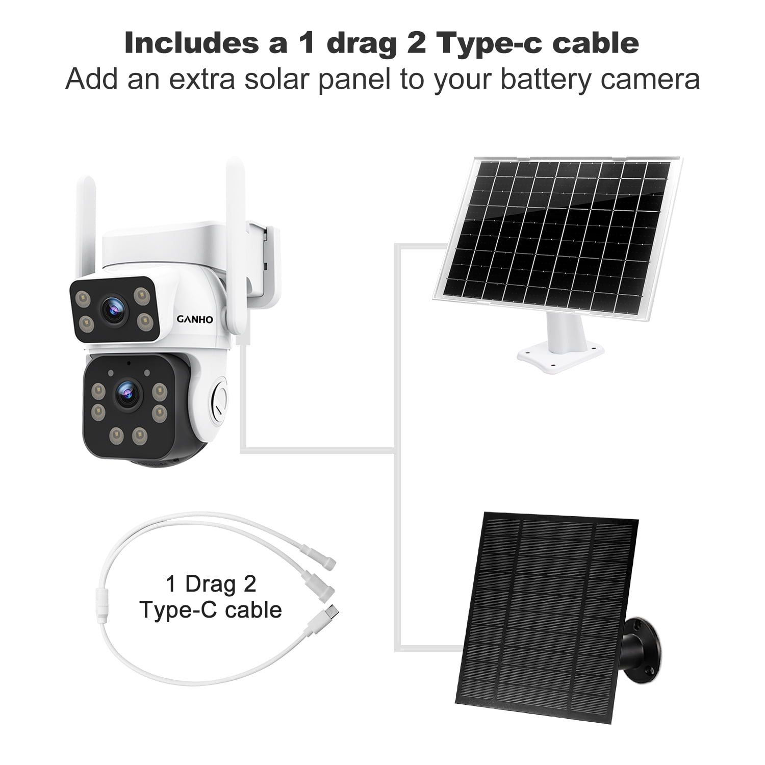 GANHO Waterproof Solar Panel 7W 5V, 4M USB Cable Solar Charger, Continuous Power for Rechargeable Battery Security Cameras